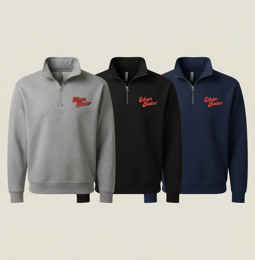 Quarter-Zip Pullover with Pink 'Ethan Hater' Script