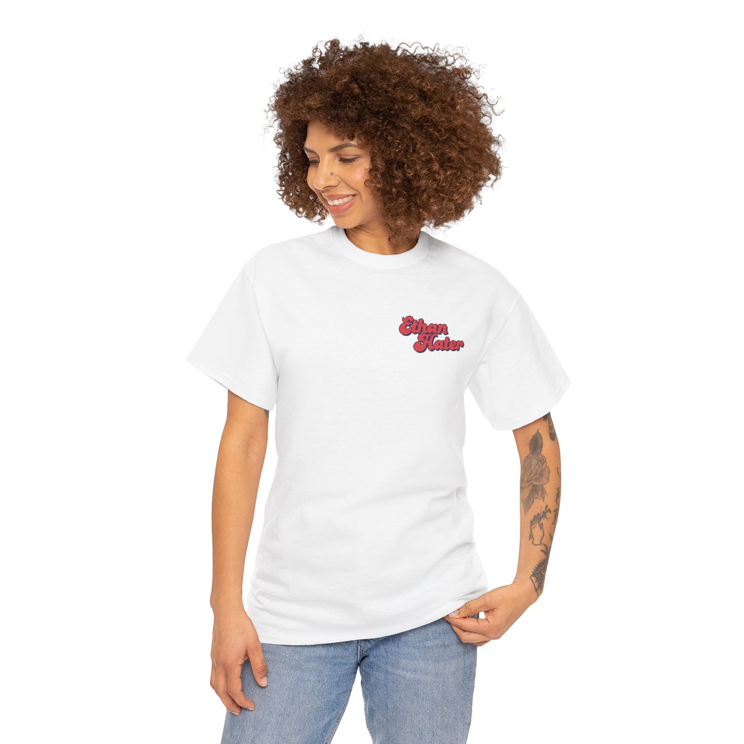 Retro 'Ethan Hater' Chest Logo Tee — Vintage Script Graphic T-Shirt