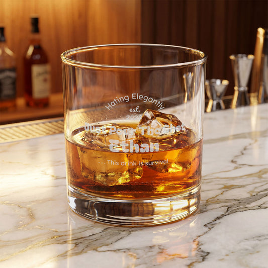 Engraved Whiskey Glass 10.5oz — “Just Pour The Shot” Personalized Rocks Glass