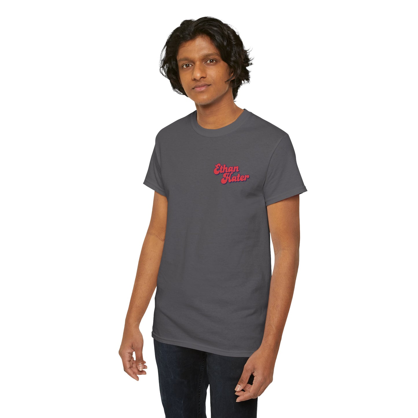 Retro 'Ethan Hater' Chest Logo Tee — Vintage Script Graphic T-Shirt