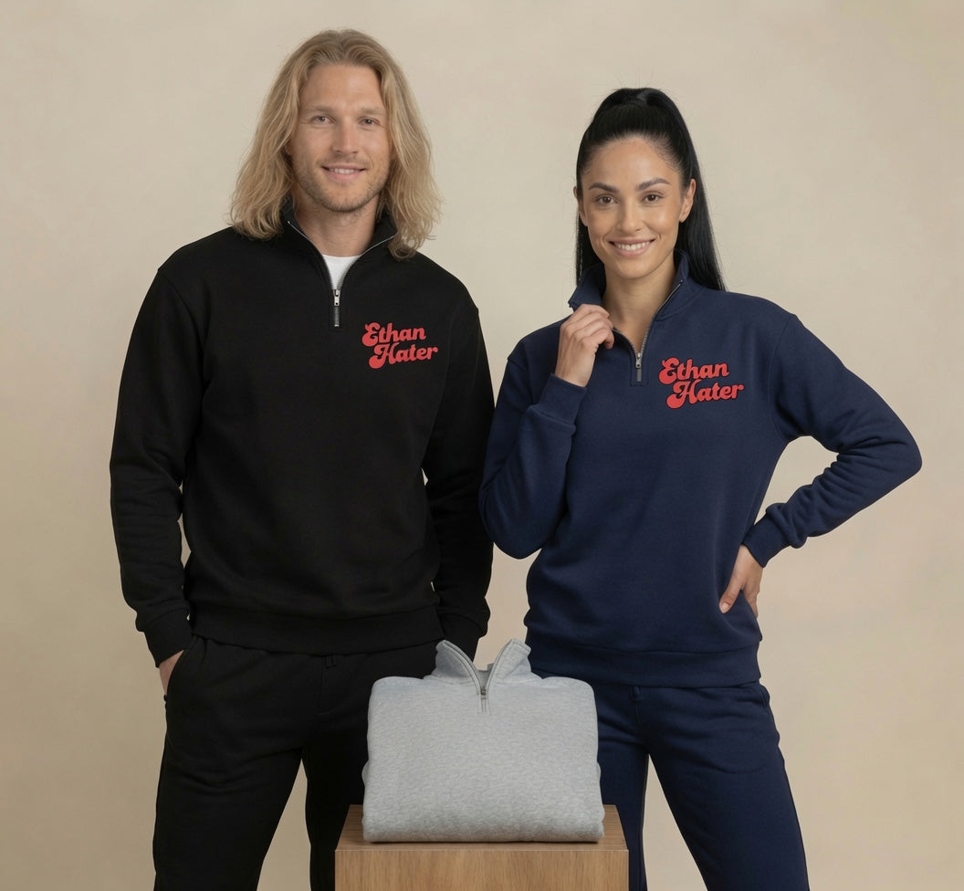 Quarter-Zip Pullover with Pink 'Ethan Hater' Script