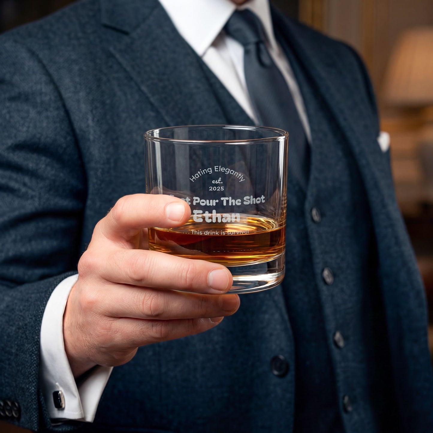 Engraved Whiskey Glass 10.5oz — “Just Pour The Shot” Personalized Rocks Glass